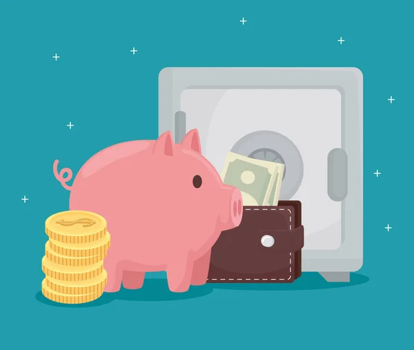 Coins piggy wallet with bills and strongbox vector design — Stock Vector
