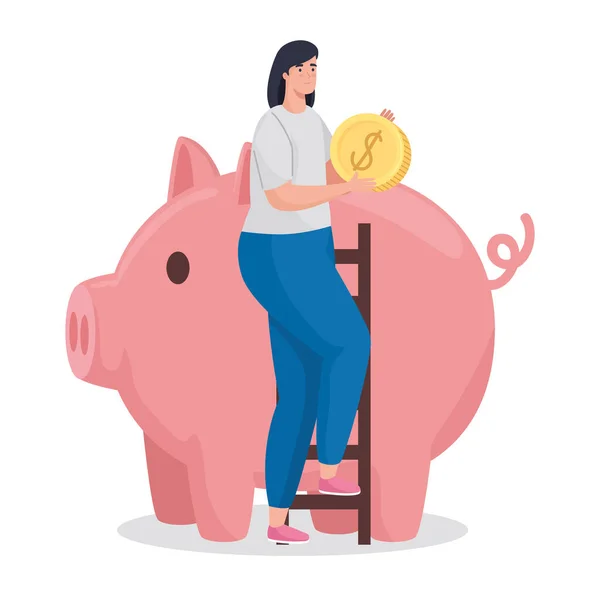 Ahorre dinero de la mujer celebración de moneda con diseño de vectores de cerdito — Archivo Imágenes Vectoriales