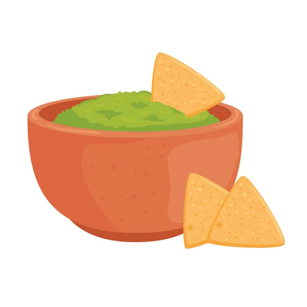 Tazón de guacamole con nachos icono diseño vectorial aislado — Vector de stock