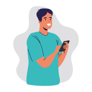 Akıllı telefon sohbet karakteri kullanan genç adam.