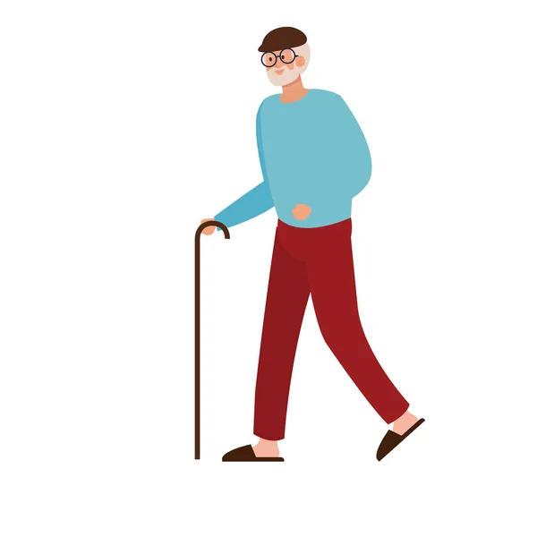 Anziano vecchio camminare con bastone carattere — Vettoriale Stock