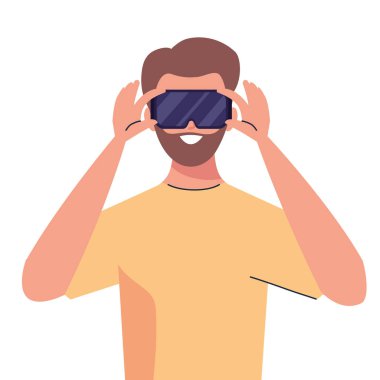 Genç adam sanal maske kullanıyor.