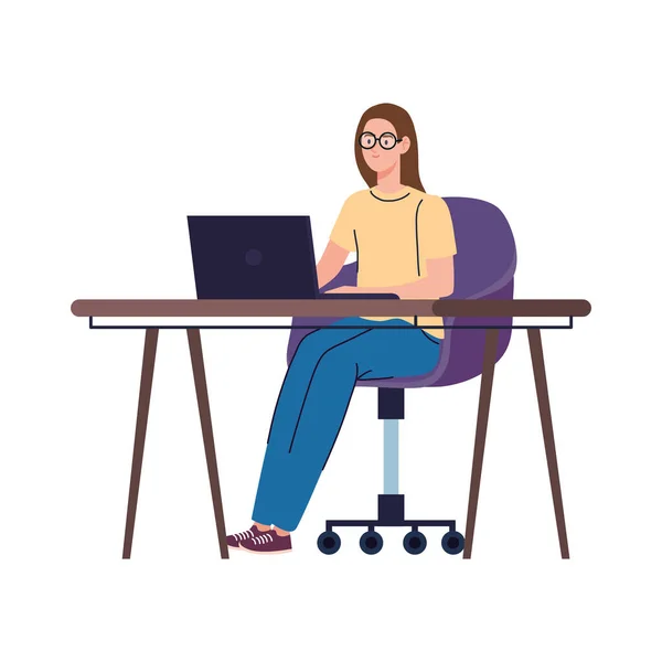 Young woman freelancer worker in desk with laptop — Stock Vector