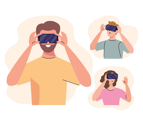 Groep van drie jongeren die virtuele realiteitsmaskers technologie gebruiken — Stockvector