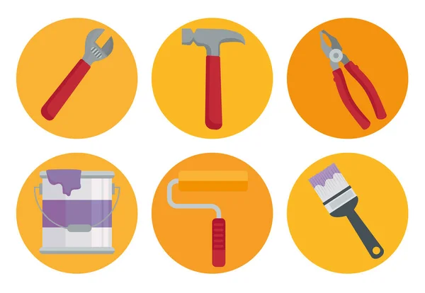 Pacote de seis ícones conjunto de ferramentas de construção — Vetor de Stock