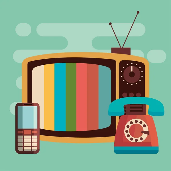 Vieille télévision rétro avec téléphone et téléphone portable — Image vectorielle