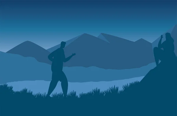Uomo camminare in montagna astratto paesaggio scena — Vettoriale Stock