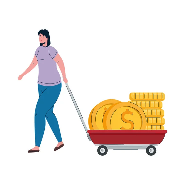Femme avec pièces argent dollars dans le panier — Image vectorielle
