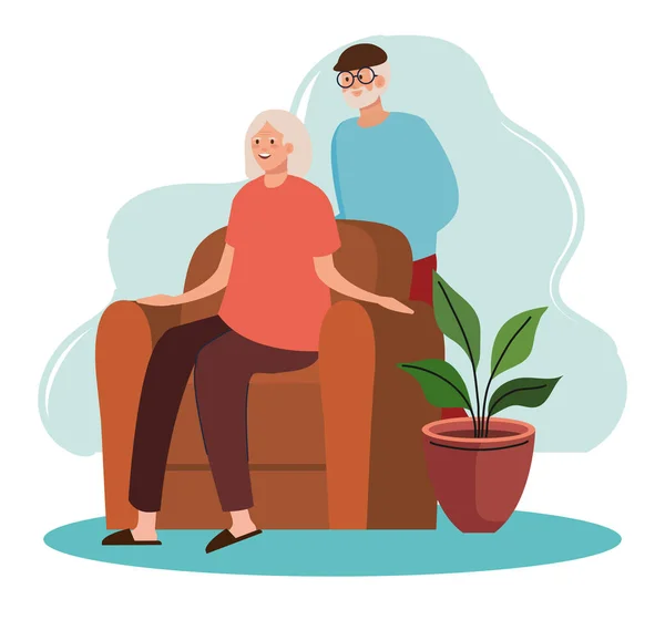 Elderly old couple seated in the livingroom — Stock Vector