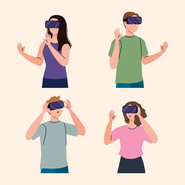 Groupe de quatre jeunes utilisant la technologie des masques virtuels de réalité — Image vectorielle