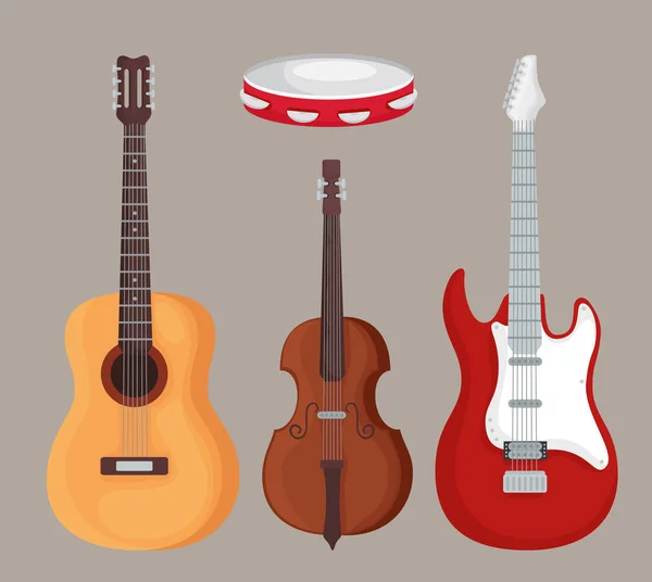 Guitars violin and tambourine instrument vector design — Stock Vector