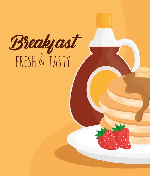Ontbijt pannenkoeken met siroop fles vector ontwerp — Stockvector