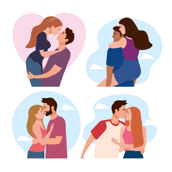 Paquete de cuatro parejas amantes personajes — Vector de stock