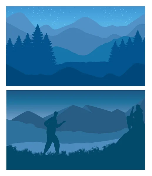Forest and mountains with man walking abstract landscapes scenes — Stock Vector