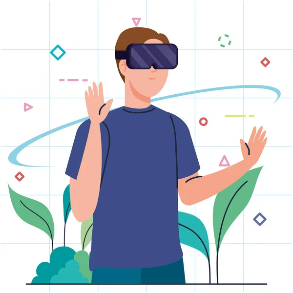 Young man using reality virtual mask technology device with leafs — Stock Vector