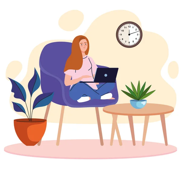 Young woman freelancer worker seated in sofa with laptop character — Stock Vector