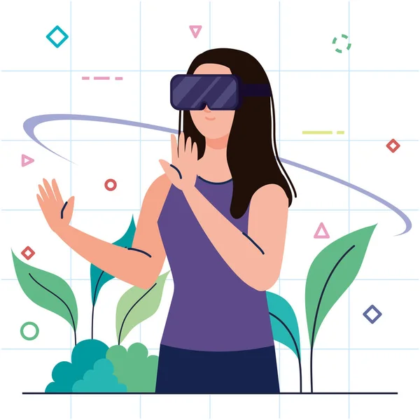 Jonge vrouw met behulp van realiteit virtuele masker en bladeren — Stockvector