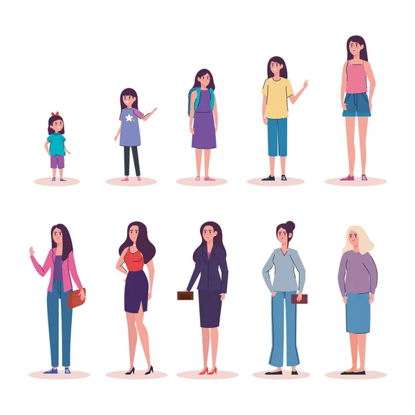 Grupp av kvinnor med olika ålder tecken — Stock vektor