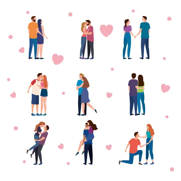Bundle of nine couples lovers characters and hearts — Stock Vector