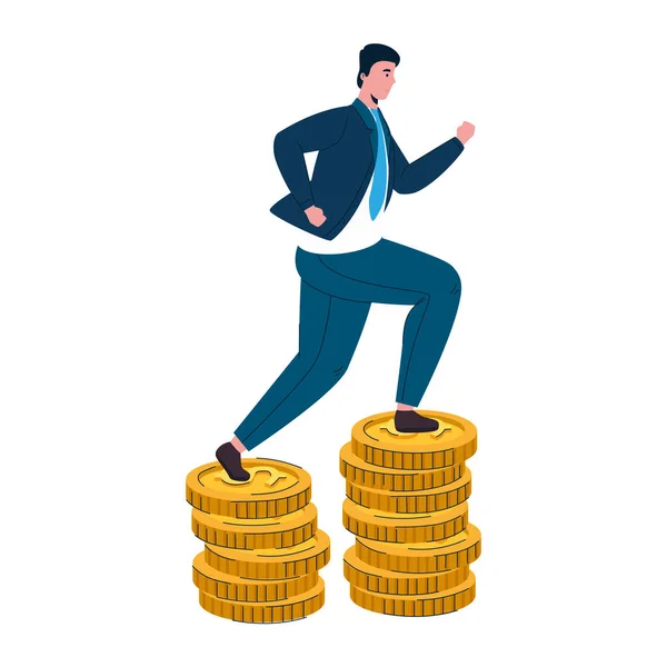 Businessman running in pile coins cash money dollars — Stock Vector