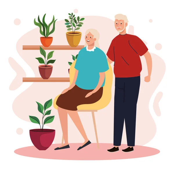 Elderly old couple seated in the chair in the garden characters — Stock Vector