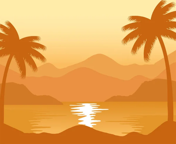 Plage exotique avec palmiers coucher de soleil scène de paysage abstrait — Image vectorielle