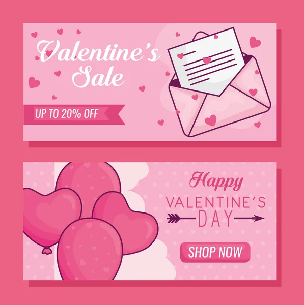 Glückliche Valentinstag Umschlag und Herzen Luftballons Vektor-Design — Stockvektor