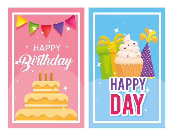 Gelukkige verjaardag taart en muffin in banners vector ontwerp — Stockvector