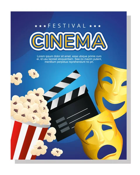 Cinema clapboard popcorn and masks vector design — Stock Vector