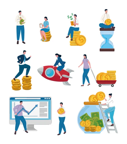 Pessoas de negócios trabalho em equipe e ícones de conjunto de dinheiro —  Vetores de Stock
