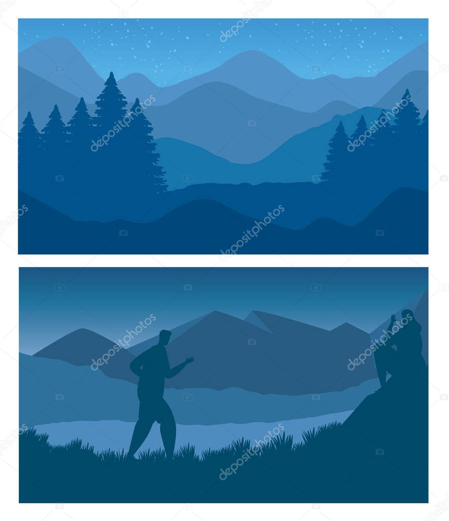 forest and mountains with man walking abstract landscapes scenes