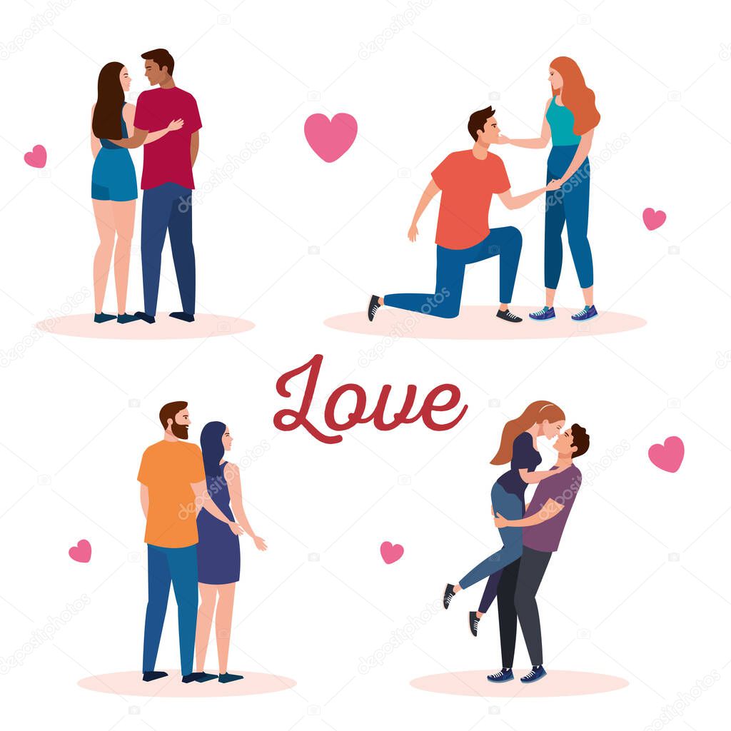 bundle of four couples lovers characters with hearts and lettering