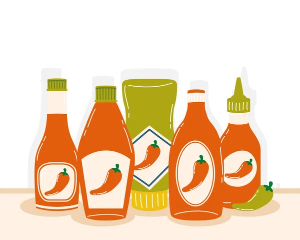 Diseño del vector de botellas de salsa de chile picante — Vector de stock