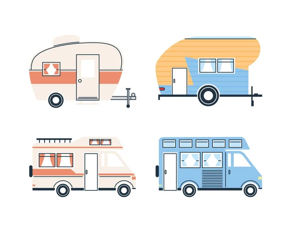 Remorques et fourgonnettes de camping-car design vectoriel collection icône — Image vectorielle