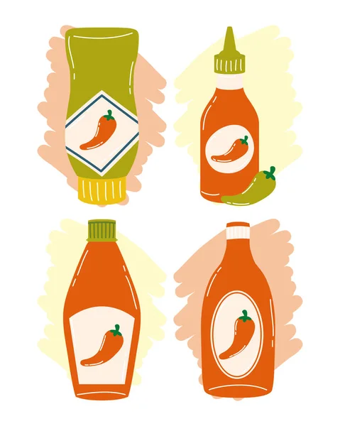 Bouteilles de sauce au piment fort set design vectoriel — Image vectorielle