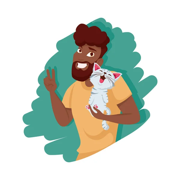 Afro hombre con gato mascota vector diseño — Vector de stock