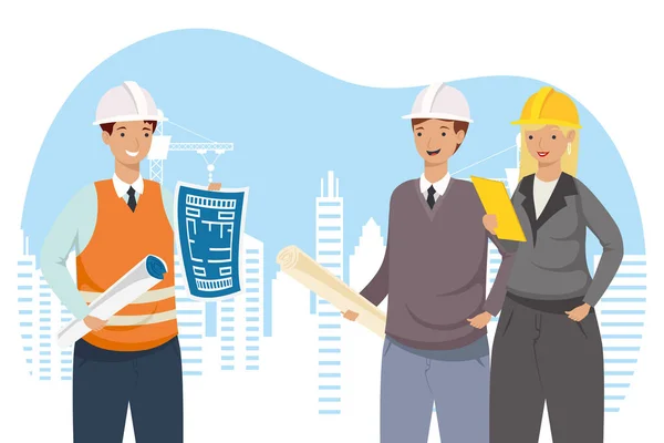 Architect and engineers people with plans at city vector design — Stock Vector