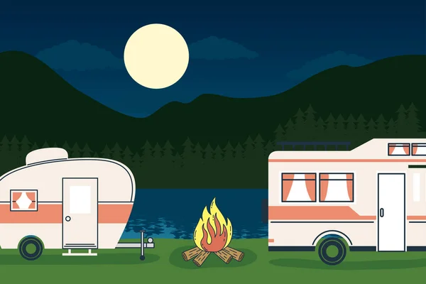 Camper van with trailer at forest landscape at night vector design — Stock Vector