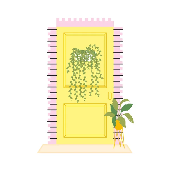 Porte d'entrée jaune avec design vectoriel plantes — Image vectorielle