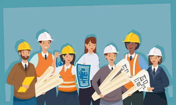 Architects and engineers people with helmets and plans vector design — Stock Vector