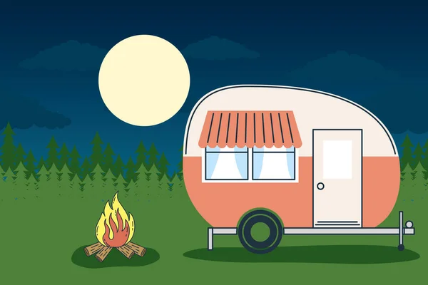 Camper trailer at forest landscape at night vector design — Stock Vector