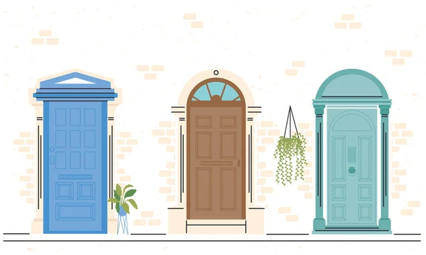 Puertas delanteras con plantas icono paquete vector diseño — Archivo Imágenes Vectoriales