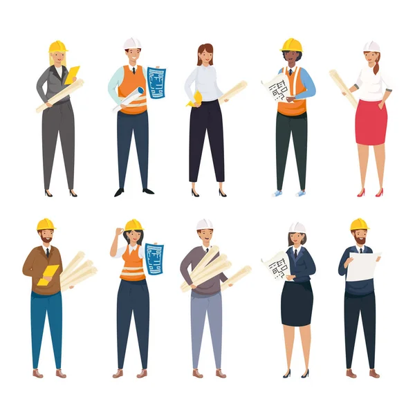 Arquitectos e ingenieros personas con cascos y planos icono conjunto vector diseño — Archivo Imágenes Vectoriales