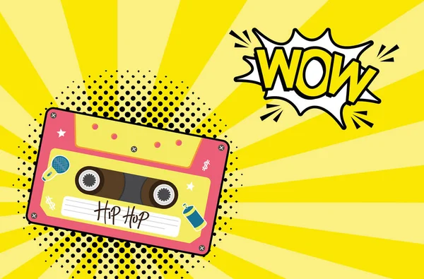 Hip hop retro cassette with wow explosion bubble vector design — Stock Vector