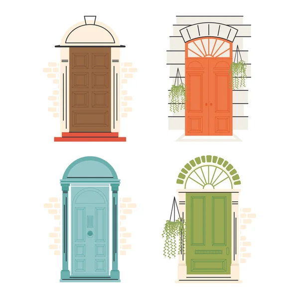 Front doors with plants symbol set vector design — Stock Vector