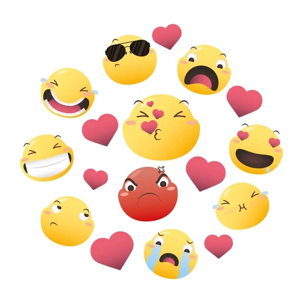 带有心形图标集向量设计的Emojis脸 — 图库矢量图片