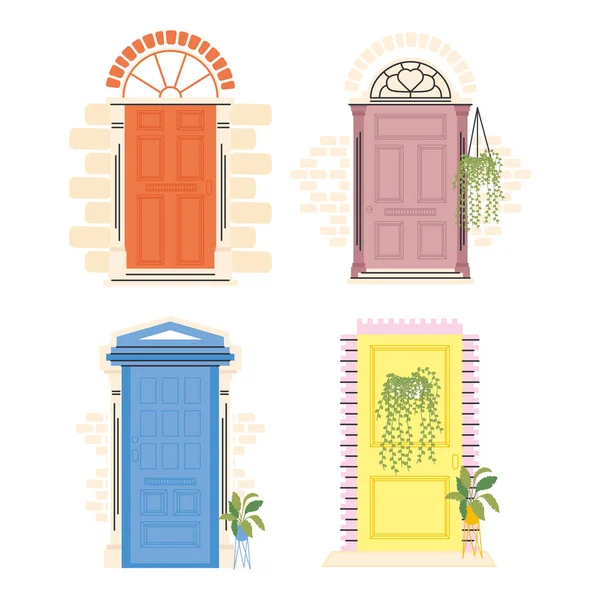 Puertas delanteras con plantas conjunto diseño vectorial — Vector de stock