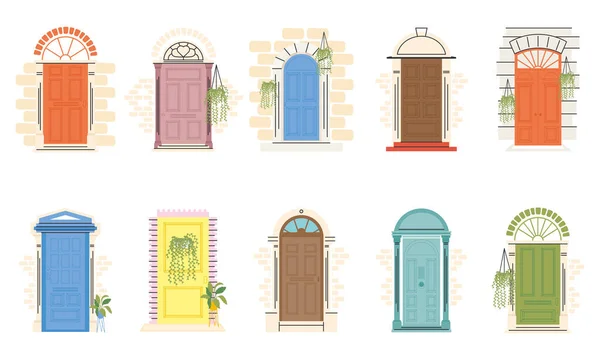 Puertas delanteras con plantas símbolo colección vector diseño — Archivo Imágenes Vectoriales