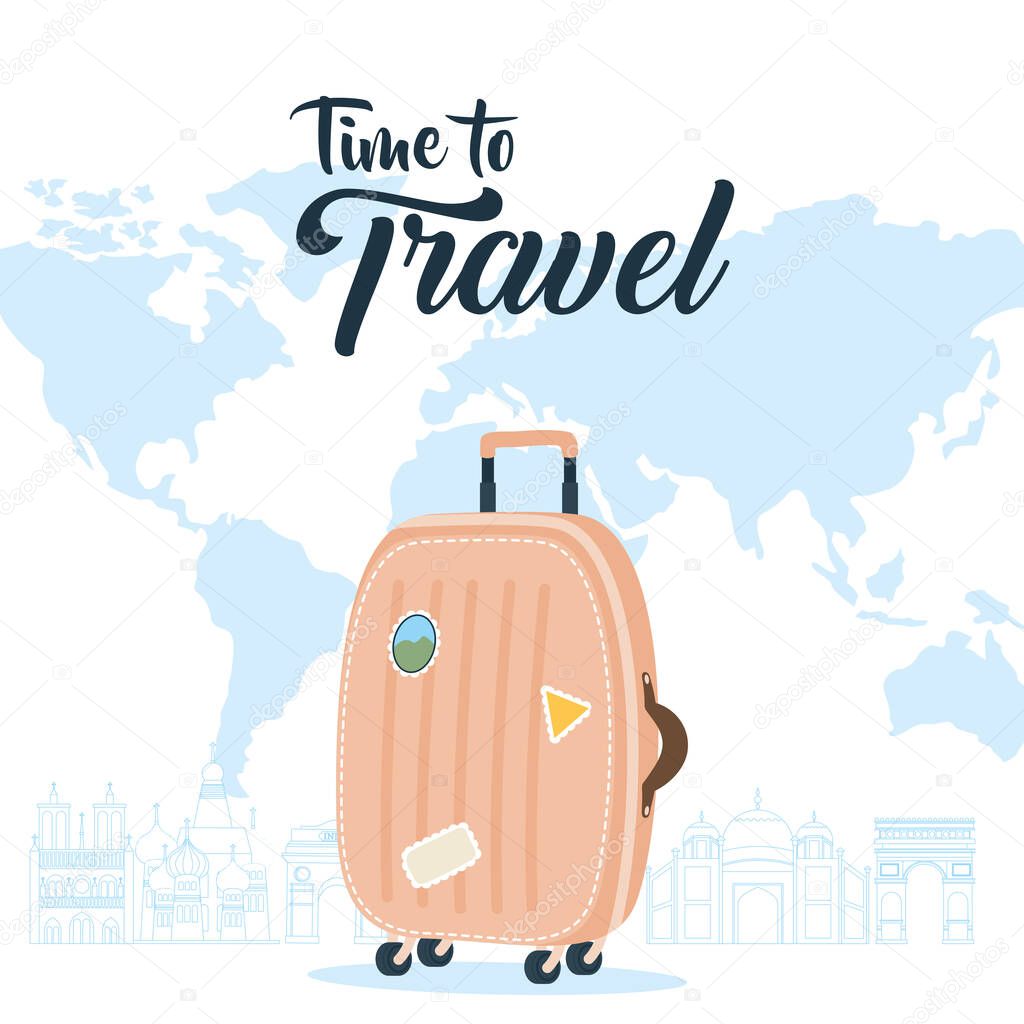 Time to travel with bag and world map vector design