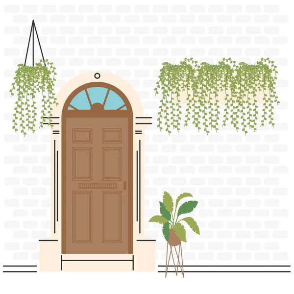 Puerta delantera marrón con diseño de vectores de plantas — Archivo Imágenes Vectoriales